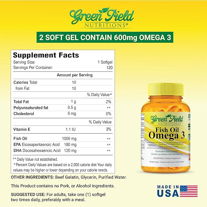 Greenfield Nutritions Halal Fish Oil 1000mg, 300mg Halal Omega 3, Small Wild Peruvian Fish Oil Halal Vitamins, EPA 180 mg & DHA 120mg, Non-GMO, Gluten Free, Support Brain & Heart Health, 120 Pills