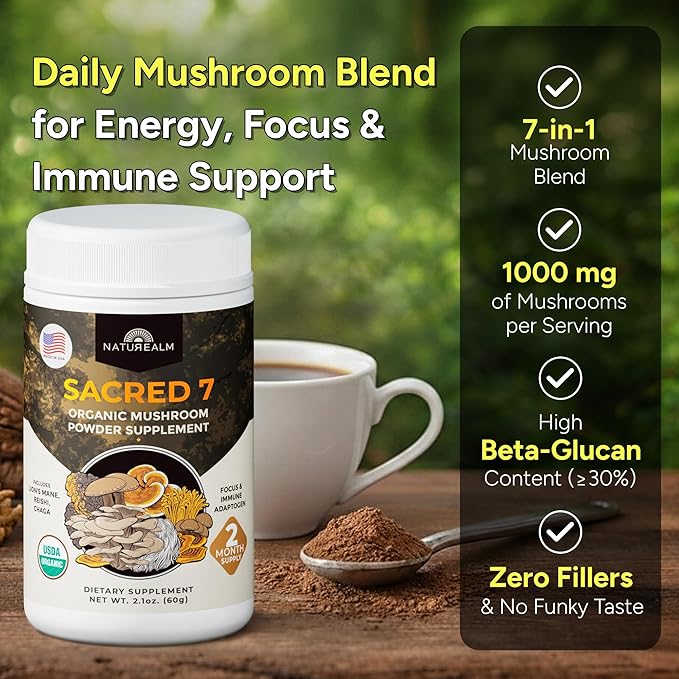 Sacred 7 Mushroom Powder Supplement, 7-in-1 Blend (60 Day Supply) | Immune Defense, Focus & Energy Support | Coffee Enhancer | Lion’s Mane, Reishi, Chaga | Organic 100% Fruiting Body Extract
