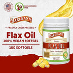 Barlean's Vegan Flaxseed Oil Supplements, Cold-Pressed Flax Seed Supplement Softgels with 1650 mg ALA Fatty Acids, 100 Count