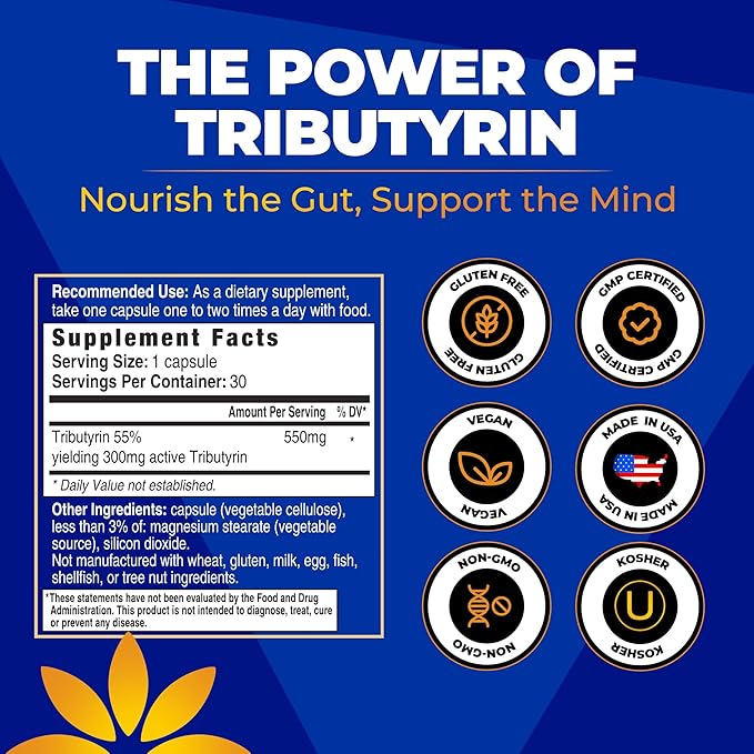 Tributyrin Supplement - Better Delivery & More Effective than Sodium Butyrate - Gut Health & Digestive Support - 3-in-1 Butyrate Postbiotics for Leaky Gut & Gut Barrier Support - 30 Capsules