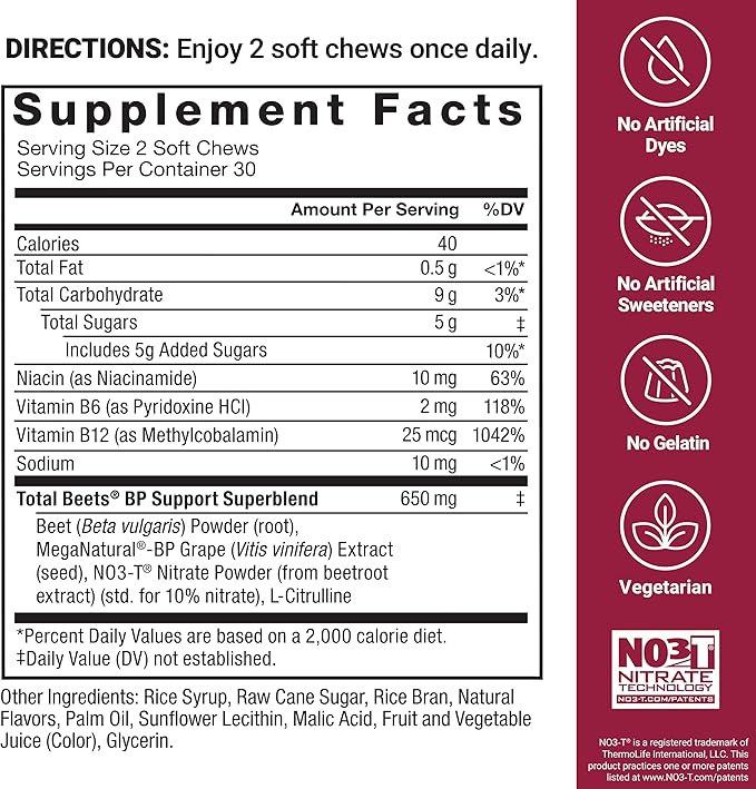 Force Factor Total Beets Blood Pressure Support Supplement with Beets Powder, Great-Tasting Chewables for Heart-Healthy Energy, and Increased Nitric Oxide, 120 Chews, 2-Pack