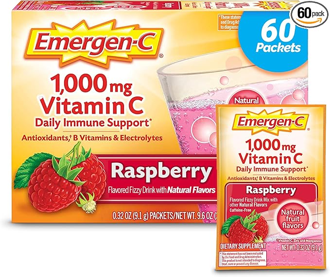 Emergen-C 1000mg Vitamin C Powder, with Antioxidants, B Vitamins and Electrolytes, Vitamin C Supplements for Immune Support, Caffeine Free Drink Mix, Raspberry Flavor - 60 Count/2 Month Supply