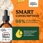 Wild & Organic Lions Mane Liquid Drops - Focus & Brain Support - Lions Mane Supplement - Hericium Erinaceus Mushroom Extract Tincture - Mix with Powder & Add to Tea - Alcohol & Sugar-Free - 2 fl oz