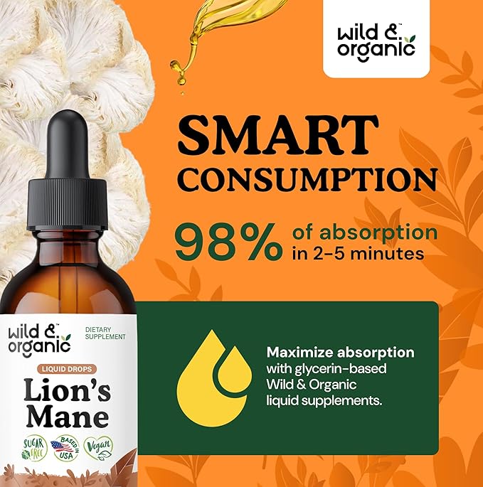 Wild & Organic Lions Mane Liquid Drops - Focus & Brain Support - Lions Mane Supplement - Hericium Erinaceus Mushroom Extract Tincture - Mix with Powder & Add to Tea - Alcohol & Sugar-Free - 2 fl oz