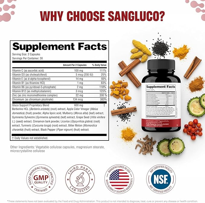 Blood Sugar Support Complex Supplement | Supports Healthy Blood Sugar Levels Already Within Normal Range | With Berberine, Cinnamon, Chromium, Turmeric, Apple Cider Vinegar, Bitter Melon | 60 Capsules