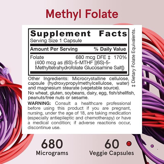 Jarrow Formulas Extra Strength Methyl Folate 400 mcg, Dietary Supplement for Cardiovascular and Neurologic Health Support, 60 Veggie Capsules, 60 Day Supply