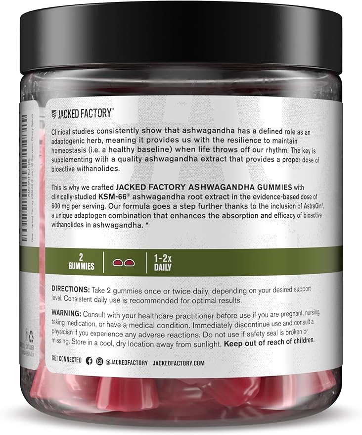 Jacked Factory Ashwagandha Gummies - KSM 66 Ashwagandha Gummies (600mg Per Serving) - Enhance Cognitive Function, Boost Mood, and Promote Hormonal Balance - 120 Gummies, Cherry Splash