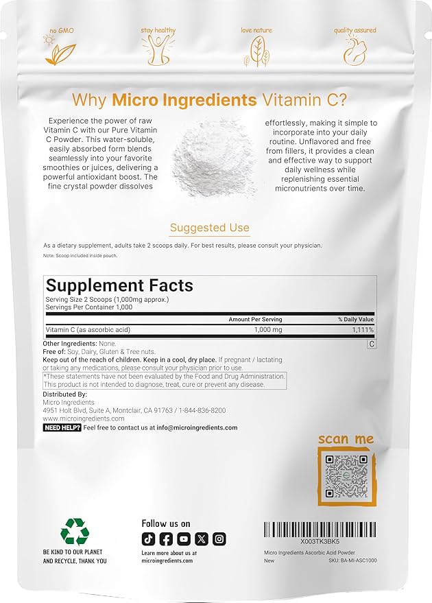 Micro Ingredients Pure Vitamin C Powder, 2.2lbs (1kg) | Unflavored Ascorbic Acid Supplements | Vitamins for Women & Men | Non-GMO, Gluten Free