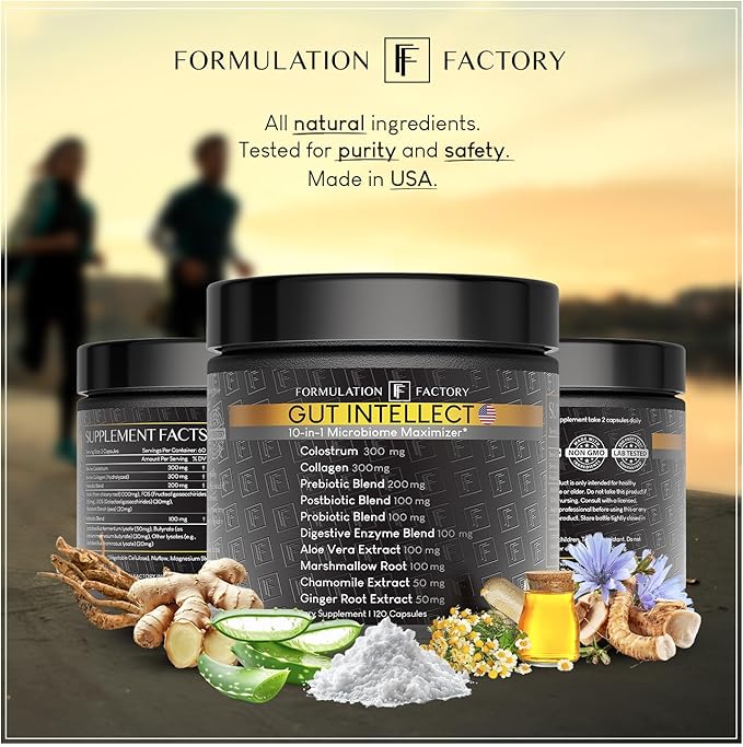 Formulation Factory Gut Intellect 10-in-1 Microbiome Supplement, Prebiotics, Probiotics, Postbiotics, Colostrum, Collagen, Aloe Vera, Chamomile, Ginger, Enzymes, Digestive, 360 Cap (3 Pack)