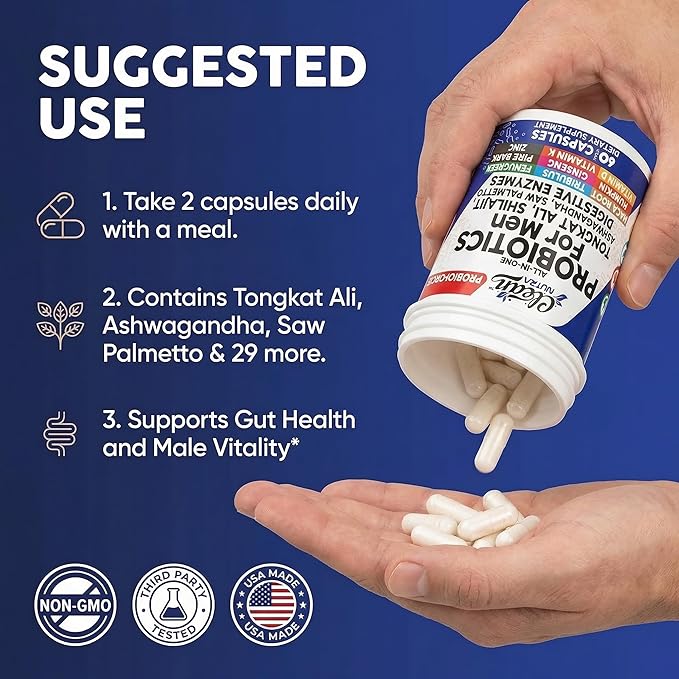 Clean Nutra Probiotics for Men | Tongkat Ali, Saw Palmetto, Tribulus, Ginseng, Ashwagandha, Maca, Pumpkin, Gingko Biloba, Pine Bark, Fenugreek, Shilajit, Zinc - Mens Probiotic 60 Capsules