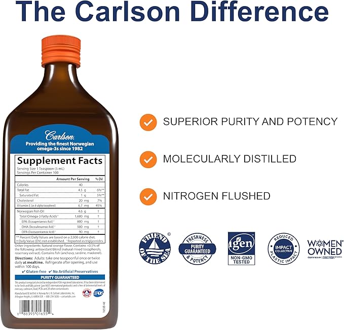 Carlson - The Very Finest Fish Oil, 1600 mg Omega-3s, Liquid Fish Oil Supplement, Norwegian Fish Oil, Wild-Caught, Sustainably Sourced Fish Oil Liquid, Orange, 16.9 Fl Oz