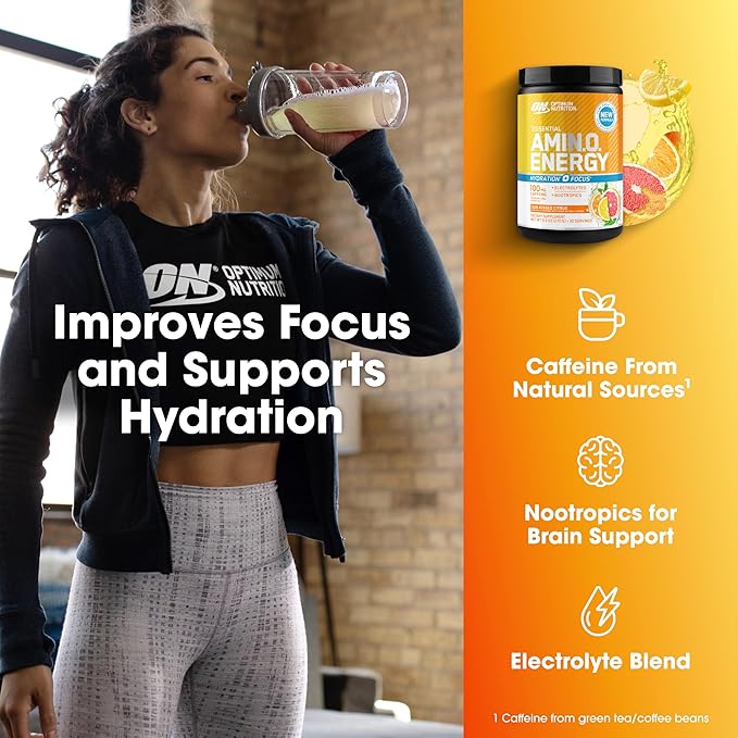 Optimum Nutrition Amino Energy Powder Plus Focus, with BCAA, Electrolytes, and Caffeine, Sunkissed Citrus, 30 Servings (Packaging May Vary)