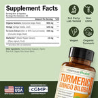 Ginkgo Biloba and Turmeric Curcumin Supplement with Black Pepper & Organic Tumeric – Natural Turmeric Supplement for Focus, Memory, Joint & Brain Health – 120 Vegan Ginko Biloba Capsules with Curcuma