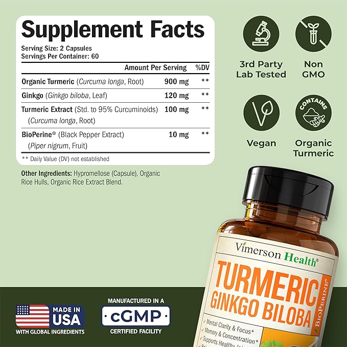 Ginkgo Biloba and Turmeric Curcumin Supplement with Black Pepper & Organic Tumeric – Natural Turmeric Supplement for Focus, Memory, Joint & Brain Health – 120 Vegan Ginko Biloba Capsules with Curcuma