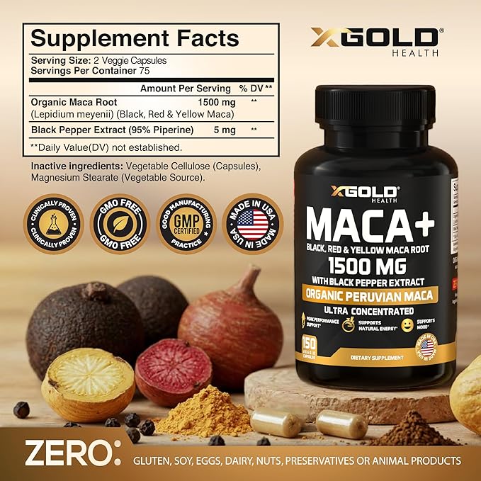 X Gold Health Organic Maca Root Capsules 1500mg – Peruvian Black, Red & Yellow Maca – Energy, Stamina, Libido & Hormone Balance Support for Men & Women – Vegan, Non-GMO – 150 Veggie Capsules