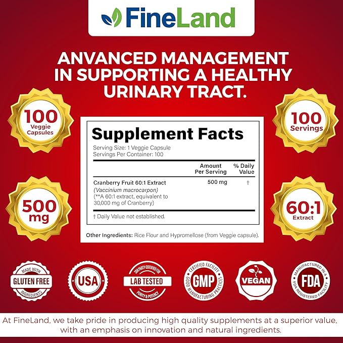 FineLand Cranberry Extract 60:1 — High Potency Cranberry Pills for UTI Support — 100 Vegan Capsules, 100-Day Supply, Non-GMO, Made in USA
