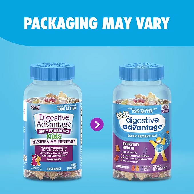 Digestive Advantage Daily Probiotic Gummy for Kids, Multi, Natural Fruit Flavours, 80.0 Count (Pack of 2)
