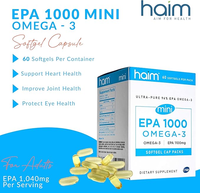 HAIM EPA1000 MINI – Pure EPA Fish Oil Supplement – 1,000mg Omega-3 for Heart, Brain & Joint Health – High Potency, Burpless Softgels – Small, Easy-to-Swallow Capsules – 60 Softgels – Made in USA