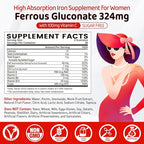 Iron Gummies for Women Teen Girls, Ferrous Gluconate 324 mg with Vitamin C, Iron Supplement Plus Vitamin A, B, Folate, Copper, Zinc, Energy & Blood Support, Immune Health, Sugar Free 60 Gummies