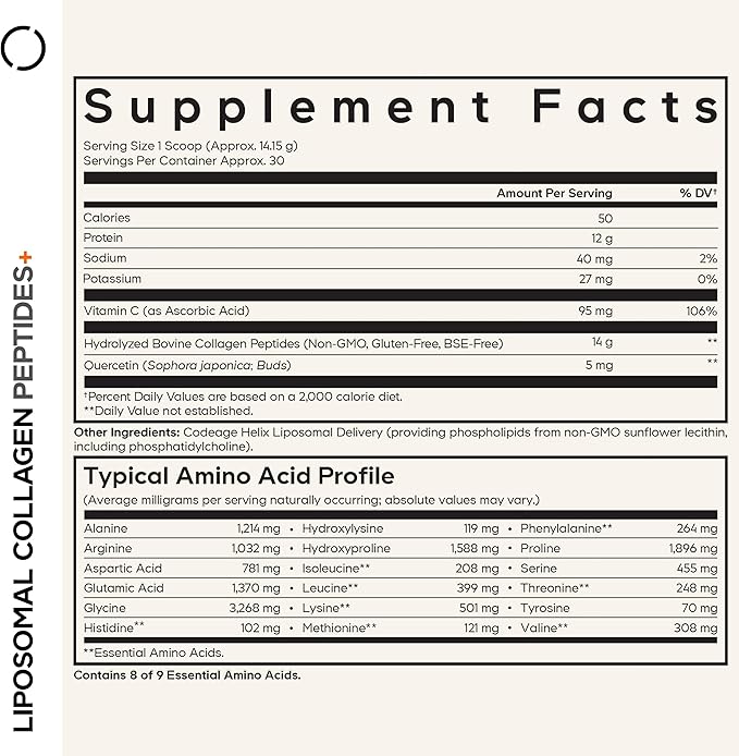 Codeage Liposomal Collagen Peptides Powder + Vitamin C & Quercetin, Phospholipid Complex, Grass-Fed Pasture-Raised Hydrolyzed Collagen Type I & III Supplement All-in-One, Non-GMO, 14.97 oz