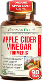 Organic Apple Cider Vinegar with Turmeric Curcumin Supplement & Ginger for Digestive Health, Metabolism, Energy & Joint Support – Organic Turmeric & Apple Cider Vinegar Capsules – 180 Vegan Capsules