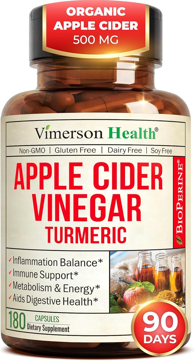 Organic Apple Cider Vinegar with Turmeric Curcumin Supplement & Ginger for Digestive Health, Metabolism, Energy & Joint Support – Organic Turmeric & Apple Cider Vinegar Capsules – 180 Vegan Capsules