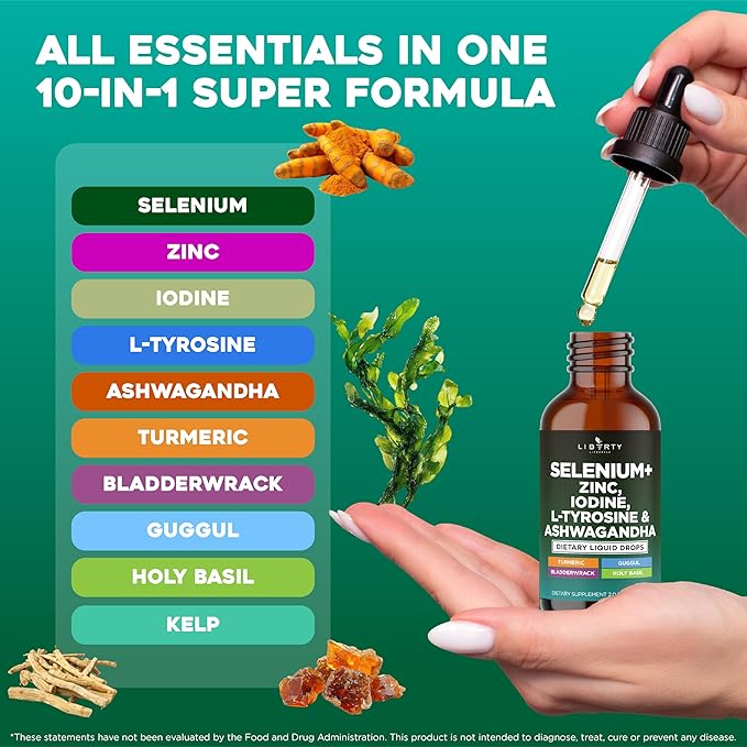 Thyroid Support Drops - Selenium, Zinc, Iodine, L Tyrosine, Ashwagandha, Turmeric, Schisandra Guggul, Cayenne, Basil - Liquid Supplement Folate Copper Alcohol -Free, Vegan, Non-GMO – 2 oz