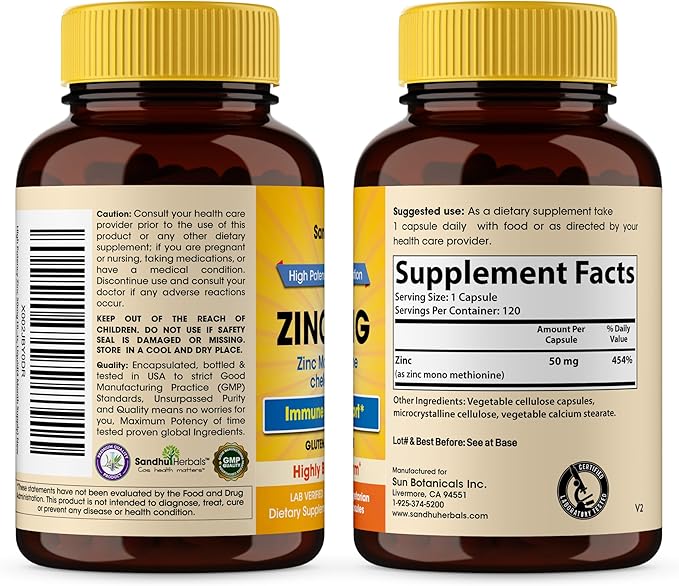 Zinc 50mg Capsules for Men and Women, 360 Count | Highly Absorbable Zinc Supplements for Immune System Support | Zink 50 mg Mono Methionine Chelated Complex |Helps with Skin Health & Overall Immunity