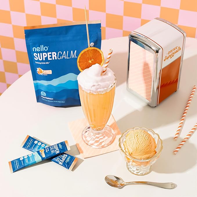 Nello Supercalm Powdered Drink Mix, Cortisol Reducer* and Sleep Aid Supplement, L Theanine, Ksm-66 Ashwagandha, Magnesium Glycinate, Vitamin D 3, No Sugar, Non GMO, On The Go, 20 Ct, Orange Creamsicle