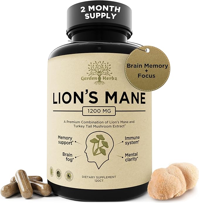 Lion's Mane Supplement Capsules with Turkey Tail for Memory & Focus – 10:1 Mushroom Extract, Brain Fog Support, 1200mg, Third Party Tested, Non-GMO, Vegan, Made in USA, 120 Capsules, 2 Month Supply