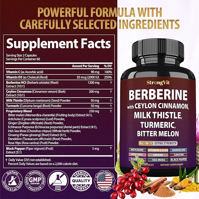 Berberine with Ceylon Cinnamon Supplement, Milk Thistle, Turmeric, Bitter Melon for Digestion, Immunity. Organic Complex for Men & Women, Non-GMO, Gluten-Free, Vegan, USA (120 Capsules)