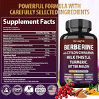 Berberine with Ceylon Cinnamon Supplement, Milk Thistle, Turmeric, Bitter Melon for Digestion, Immunity. Organic Complex for Men & Women, Non-GMO, Gluten-Free, Vegan, USA (120 Capsules)