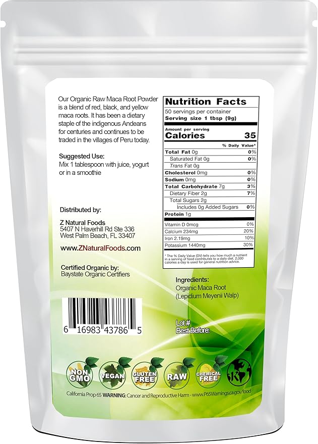 Z Natural Foods Organic Maca Root Powder, Adaptogen Superfood Powder, Contains Raw Red, Yellow & Black Maca, Mix in Drinks, Juice, Smoothies, Shakes, & Recipes, Vegan, Non GMO, Gluten Free - 1 lb