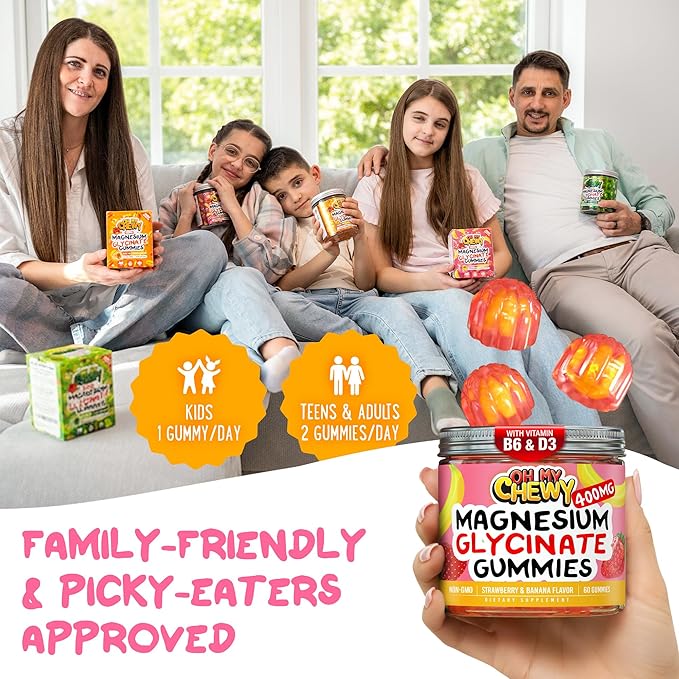 Center-Filled Magnesium Glycinate Gummies 400MG - High Absorption for Kids, Teens & Adults - Supplement for Sleep, Calm & Muscle Relaxation with B6 & D3 - Gluten Free & Vegan Friendly - 60 Count