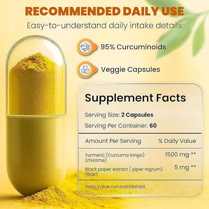 Turmeric Curcumin 1500mg with Black Pepper 5mg – High Potency, Vegan Capsules – Non-GMO, Gluten-Free – 120 Count