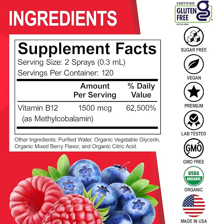 Vitamin B12 Liquid Spray Drops - Organic Liquid B12 Vitamins for Women, Men, Kids & Energy, Vegan Sublingual Methyl B 12 Spray Supplement - Organic Pure Methylcobalamin Vit B 12 Drops Vitamins 1 Fl Oz