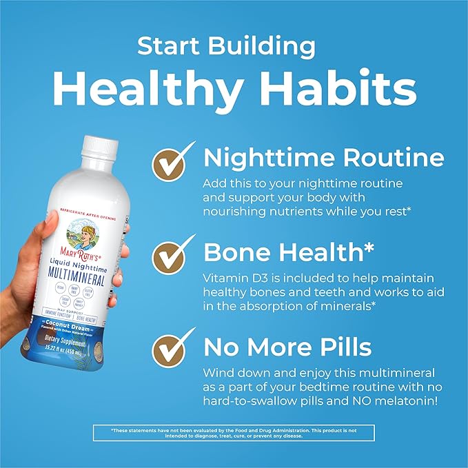 MaryRuth's Liquid Nighttime Multimineral | No Melatonin | Bedtime Routine | Magnesium Citrate | Calcium | Zinc | Vitamin D3| Available in 4 Flavor - Vegan | Sugar Free | Gluten Free | 15.22 Oz