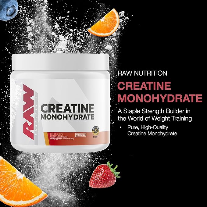 RAW Nutrition Creatine Monohydrate Powder, Fruit Punch (30 Servings) - Micronized Creatine Monohydrate Supplement for Workout Performance, Build Muscle & Strength - Creatine Powder for Men & Women