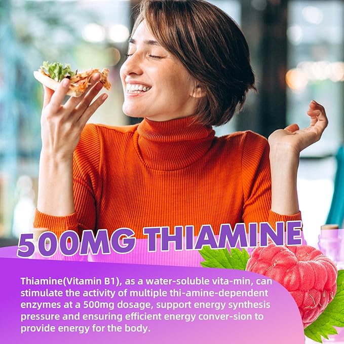 2 Pack Vitamin B1 Gummies 500mg for Adults & Kids – High Potency Thiamine B1 Supplement for Energy & Nervous System Support, Sugar-Free, Raspberry Flavor, 120 Count