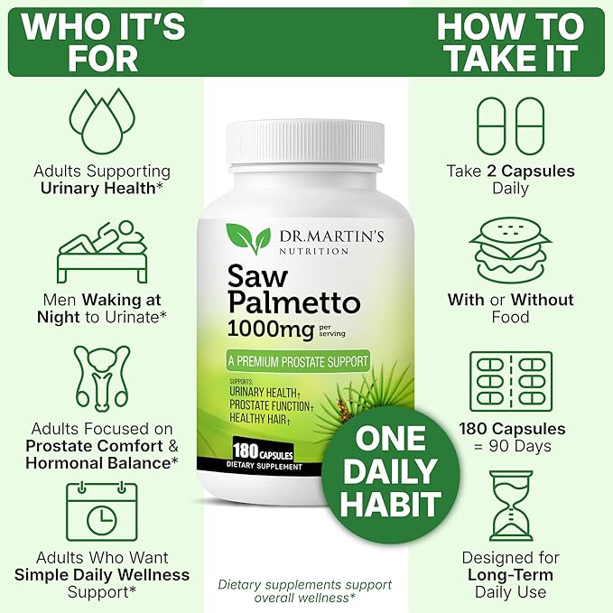 USA Grown Saw Palmetto | 180 Capsules Prostate Health Supplement | Hair Growth for Men & Women | Support to Help Maintain Normal Urination Frequency & Natural DHT Blocker to Help Prevent Hair Loss