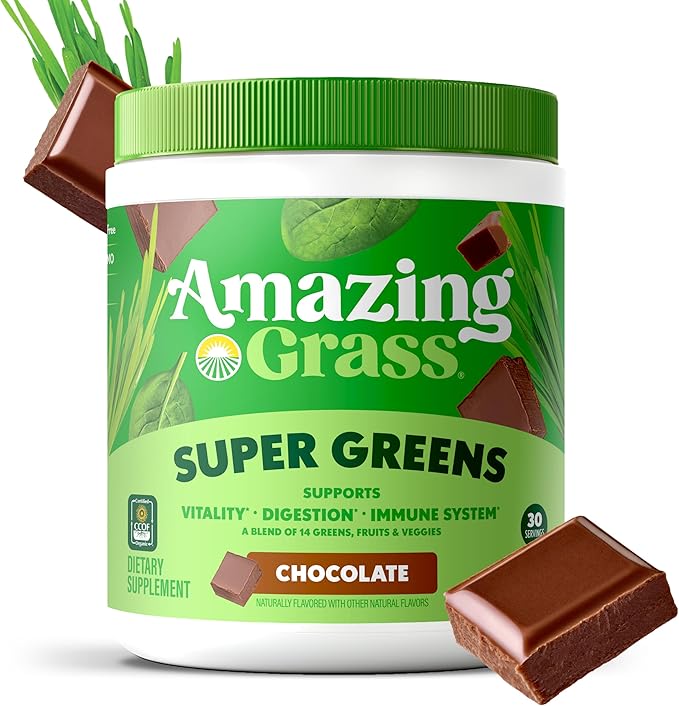Amazing Grass Greens Superfood Powder: Greens Powder with Digestive Enzymes & Probiotics, Organic Spirulina, Chlorella, and Beet Root Powder, Chocolate, 30 Servings