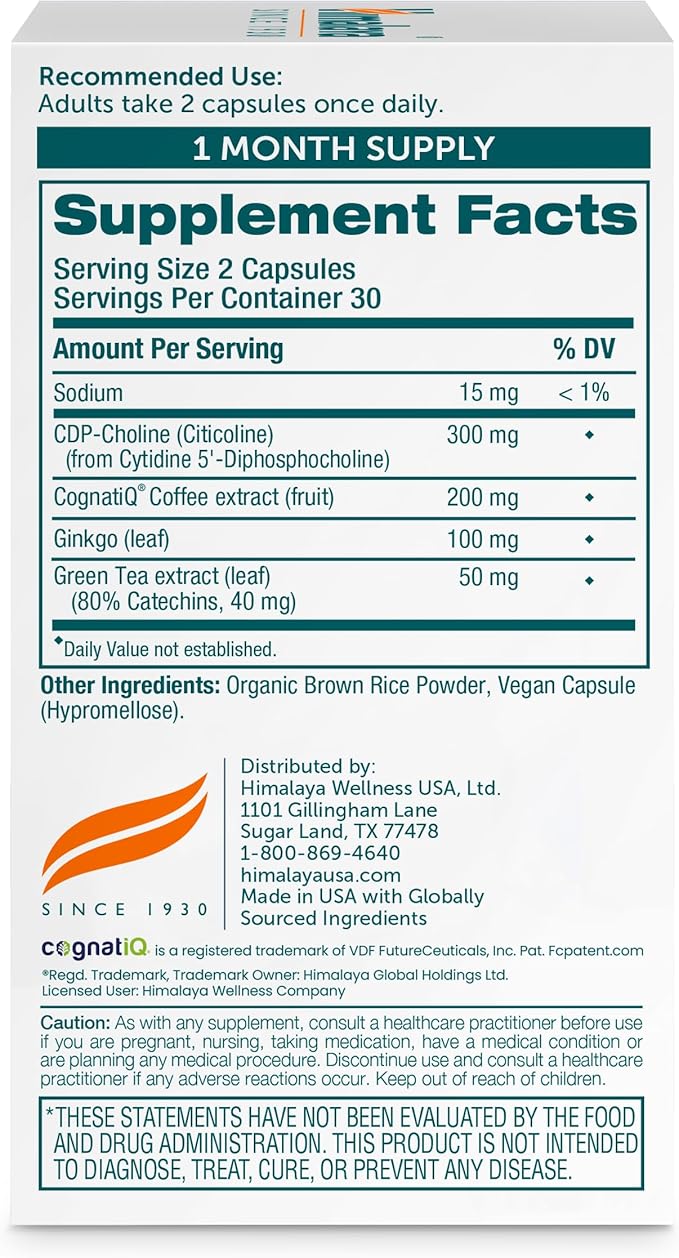 Himalaya Memory & Focus Herbal Supplement - Supports Cognitive Function, Attention, Vegan - 60 Capsules