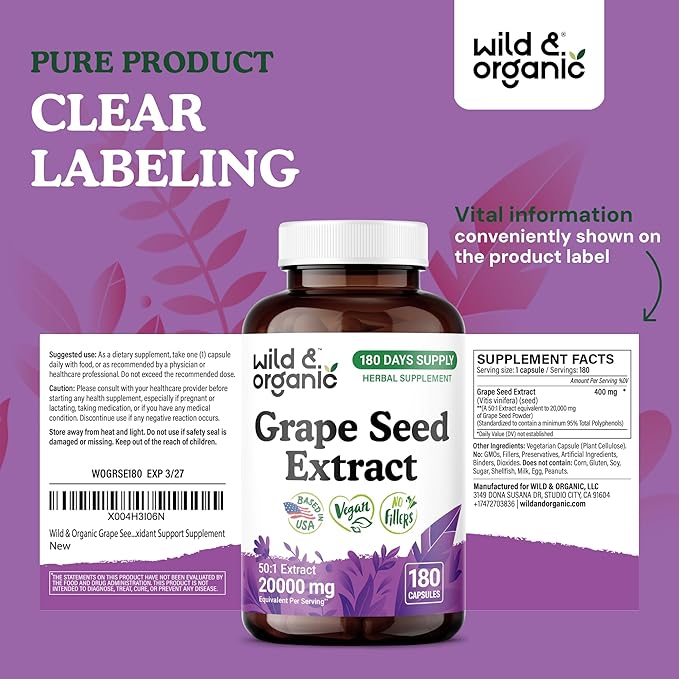 Wild & Organic Grape Seed Extract Capsules - Antioxidant Support - Grapeseed Extract 400 mg - 95% Polyphenols - 180 Vegan Capsules - 6 Month Supply - Non-GMO