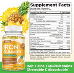 Iron Gummies with Multivitamin, Iron Supplement for Women & Men with Zinc, Vitamin B Complex & C, B12, Folate - Blood Builder & Energy Support for Adults & Kids - Pineapple Flavor, Vegan 60 Gummies