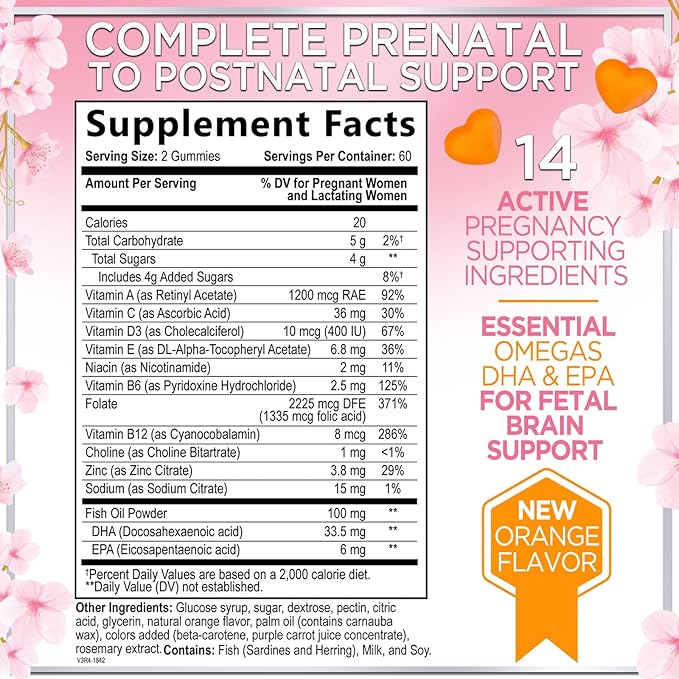 Prenatal Vitamins for Women – Complete Pregnancy Multivitamin - Folic Acid, Omega 3 DHA, Choline, Vitamin D – Essential Support for Mom's & Baby Brain Development - Tasty Orange Flavor - 120 Gummies