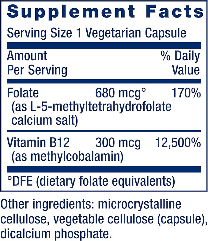 Life Extension BioActive Folate & Vitamin B12, Promotes Heart, Brain & GI Tract Health, Non-GMO, Gluten-Free, Vegetarian, 90 Capsules