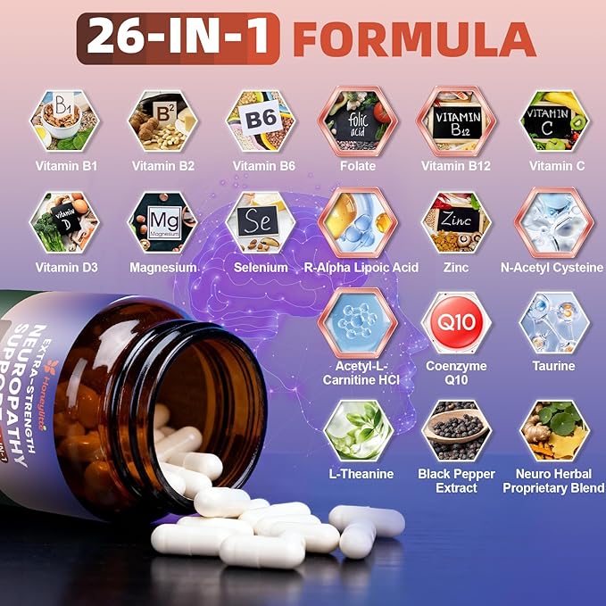 Alpha Lipoic Acid Neuropathy Supplements - with 600mg R-Alpha Lipoic Acid, NAC, ALC, Active Vitamin B12 B1 B2 B6, Magnesium - for Nerve Heath, Liver Detox, Antioxidant & Mental Support