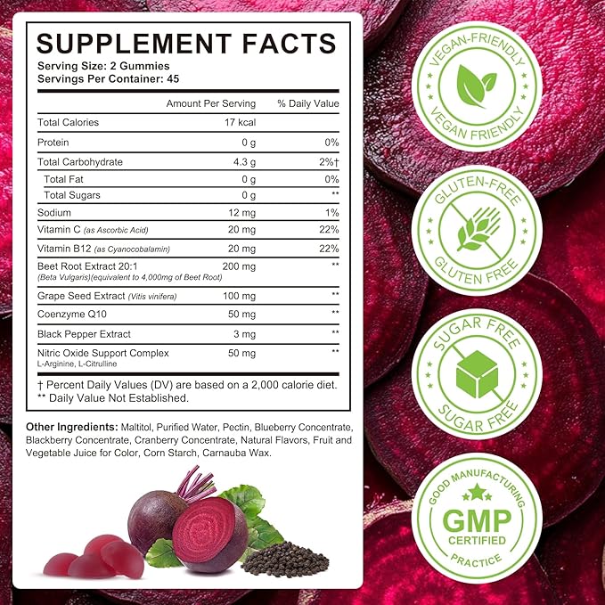 Super Beetroot Gummies, 8 in 1 Beet Root 4,000mg with Grape Seed Extract & CoQ10, Sugar Free - 90 Count (2)