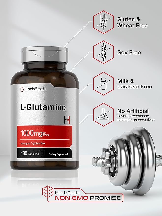 Horbaach L Glutamine Capsules 1000mg | 180 Powder Pills | Supplement for Women and Men | Pre Workout & Post Workout | Non-GMO & Gluten Free