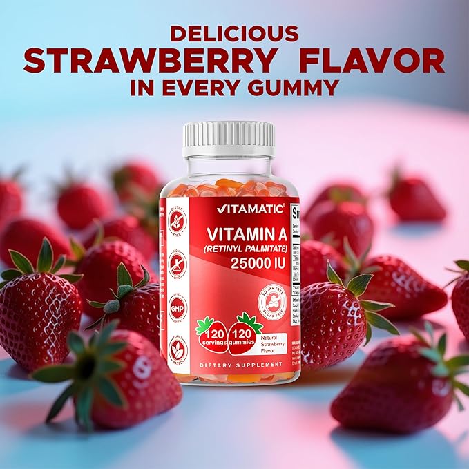 Vitamatic Sugar Free Vitamin A 25000 IU Gummies (Retinyl Palmitate) - Natural Strawberry Flavor - 120 Pectin Based Gummies (1 Bottle)